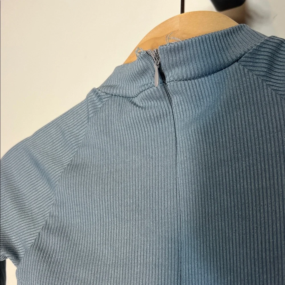 Girls Gray Blue Long Sleeve Swimsuit with Ruffle Detail